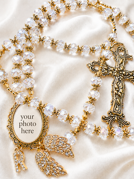 Crystal & Gold Catholic Memorial Rosary | Handmade Heirloom Rosary